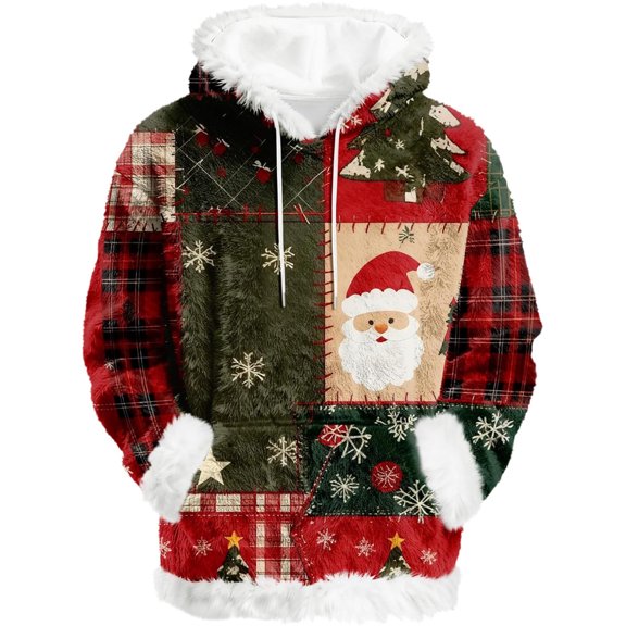 Christmas Sweatshirts for Women Christmas Patchwork Plaid Santa Snowflake All Over Print Hoodie Warm Long Sleeve Hooded Santa Sweatshirt with Pockets