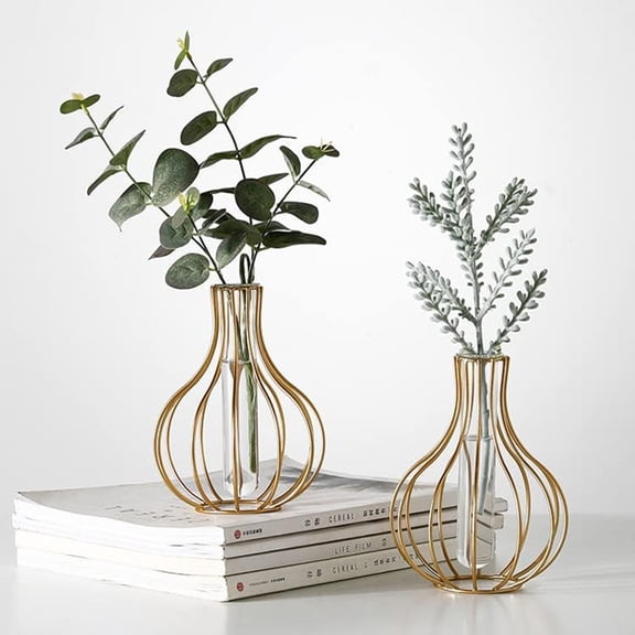 Fmxomd 2 Pcs Gold Metal Flower Vases, Small Desk Decor for Floral Arrangements, Geometric Glass Test Tube Vases - Elegant and Modern Design for Home