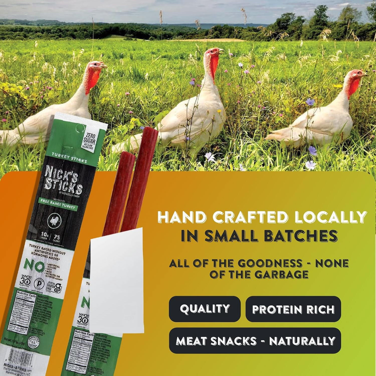 Nick’s Sticks Free-Range Turkey Snack Sticks, Gluten Free, Keto Certified, Paleo and Whole30 Approved, No MSG, High Protein Low Carb, 25 Twin Packs (1.7 oz each)