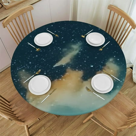

Starry Night Sky Deep Outer Space Print Waterproof Round Tablecloth Elastic Edged Fitted Table Cover for Kitchen Party
