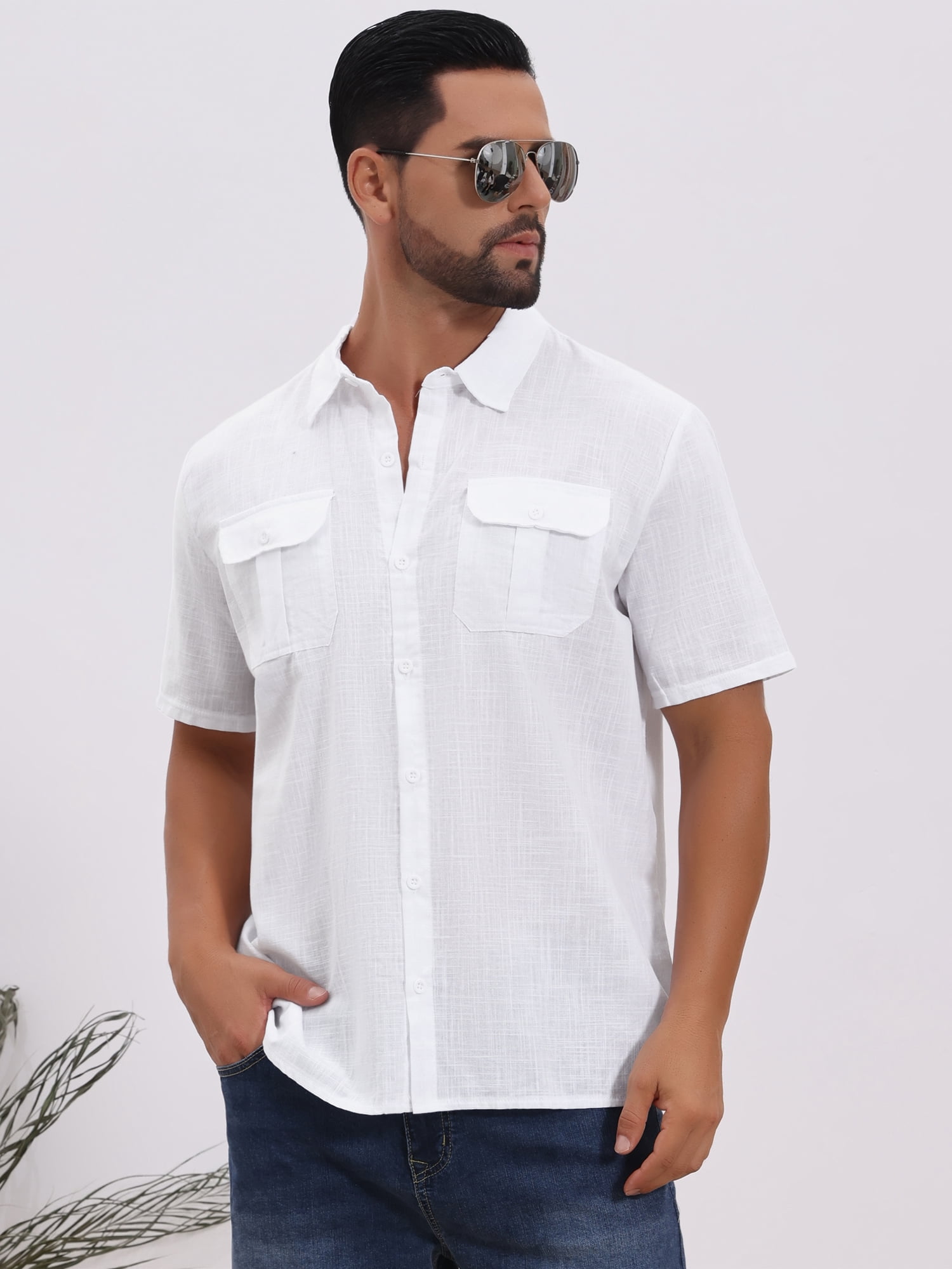 DARING DIVA Men's Solid Color Short Sleeve Button Down Linen Shirt M White