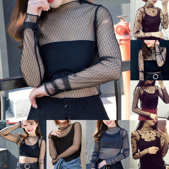 Women's Casual Mesh Long Sleeve Top Round Neck Printed Loose Fit Fashion Blouse