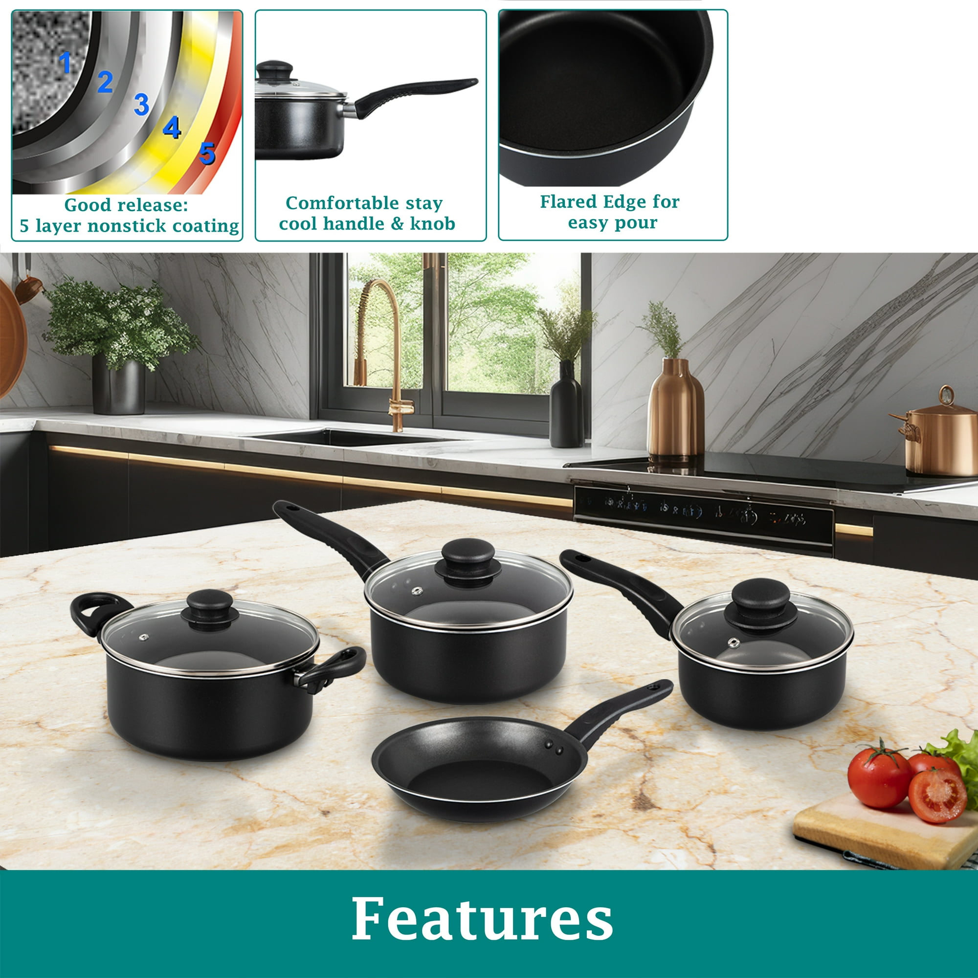 Mainstays 7 Piece Non Stick Aluminium, Pots and Pans Cookware Set, Black