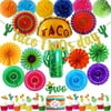 48 Packs Taco TWOsday Mexican Fiesta 2nd Birthday Party Kit Taco Twosday Glitter Banner Cake Topper, Fiesta Cupcake Toppers,Taco Cactus Mylar Balloons, Multi-Color Hanging Paper Fans Pom Pom
