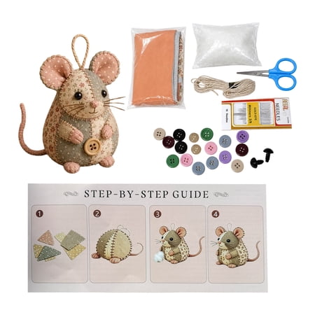 Patchwork Mouse Sewing Toy DIY Kit Handmade Stuffed Animal Craft with Fabric and Buttons Cute Home Decor Gift for Kids 3 X 4 X 3
