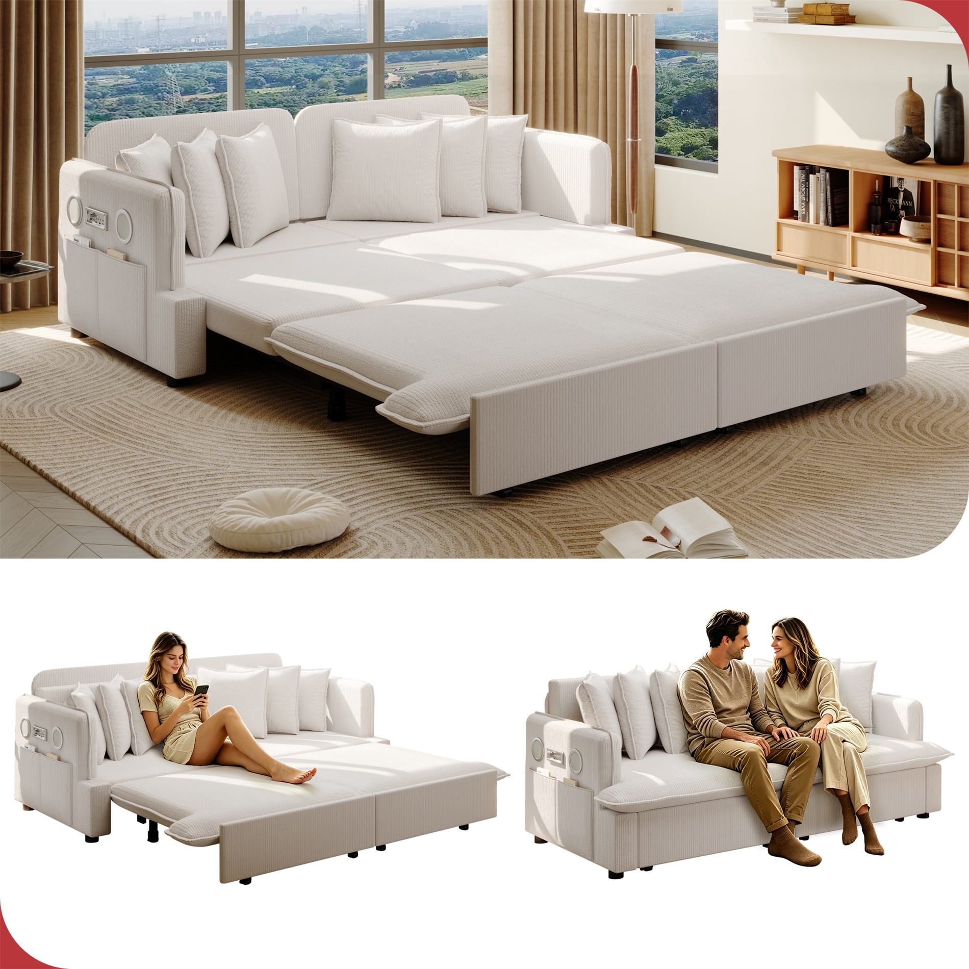 Alvantor 3 in 1 Convertible Sleeper Sofa Bed, 68" W Pull Out Sofa Bed with Bluetooth Speakers, USB Ports for living room, Apartment, Beige