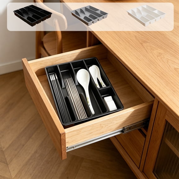 Dongrere Silverware Drawer Organizer, Multi Compartment Plastic Divided Kitchen Utensil Tray, Tableware Organizer for Home Kitchen Drawer, Black