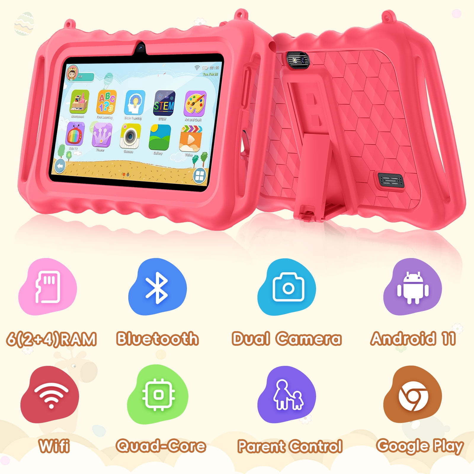 Kids Tablet, 7 inch Android 11 Tablet for Kids, 6(2+4) GB RAM 32GB ROM, Toddler Tablet with Bluetooth, GPS,WiFi,Parental Control, Dual Camera,Shockproof Case,Kids App Pre-Installed