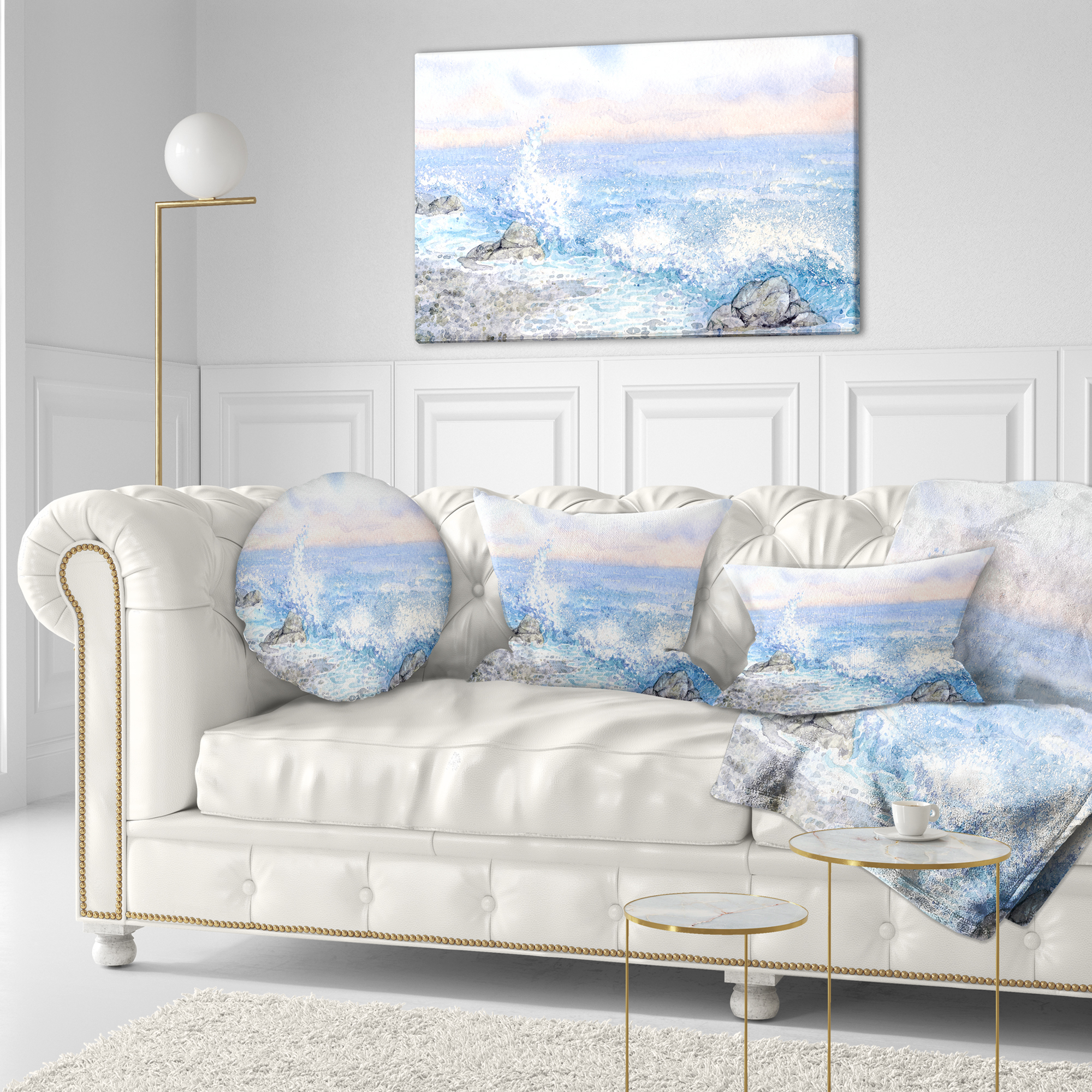 Designart Blue Watercolor Waters - Seascape Throw Pillow - 12x20