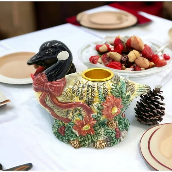 Ceramic Christmas Goose Candle Holder  3.25"