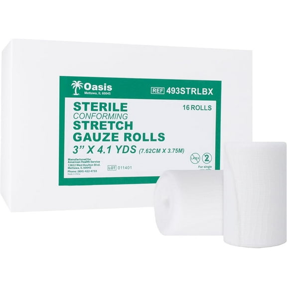 Oasis Conforming Stretch Gauze Bandage, 16 Rolls | Sterile Latex Free Rolled Gauze, Bandage Rolls for Effective Wound Care & Comfort (3" x 4.1 Yards)