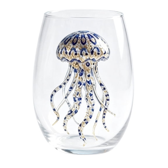 JWZZYD Artisanal Blue Ringed Octopus Glassware, 3.5" 2D Octopuses Stemless Wine Glasses, Handcrafted Marine Animal Bar Glass for Coastal Home Decor, Ocean Lovers(Jellyfish, 1 Pack)