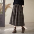 thumbnail image 6 of IWRICH Women's Vintage Plaid Pleated Wool Skirt Elastic Waist A-Line Midi Long Swing Skirt with Pockets Coffee L, 6 of 7