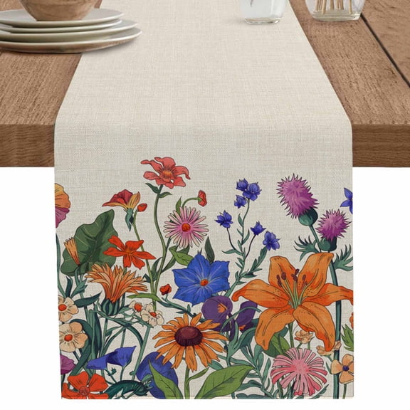 nqOlkjepod Colorful Spring Floral Table Runner 48 Inches Long Farmhouse Dress Scarves, Rustic Pastoral Flowers Watercolor Dining Tablerunner for Coffee Table/Kitchen Island/Party Décor, 13" x 48"