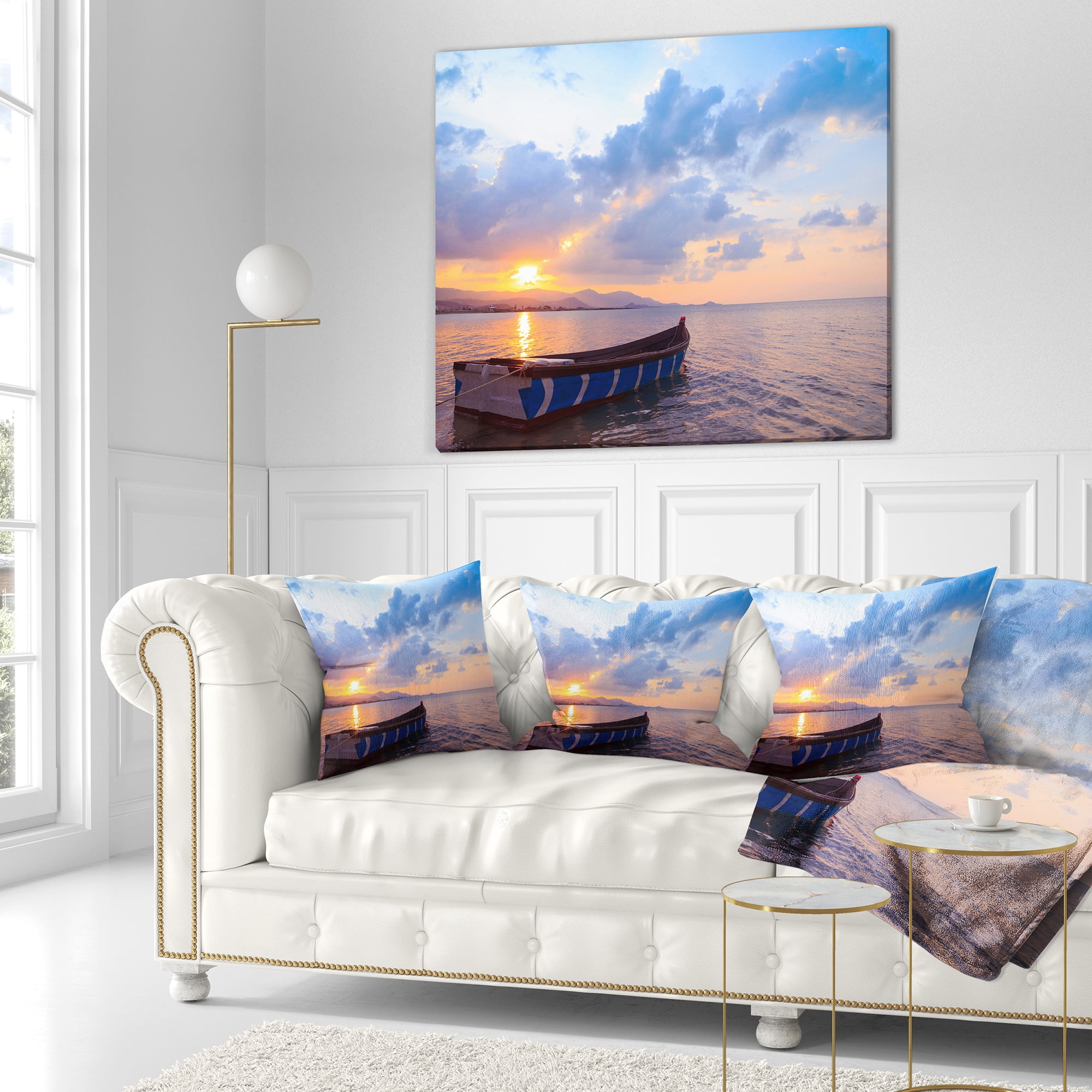 Designart Small Fishermen Boat at Sunset - Modern Seashore Throw Pillow - 16x16