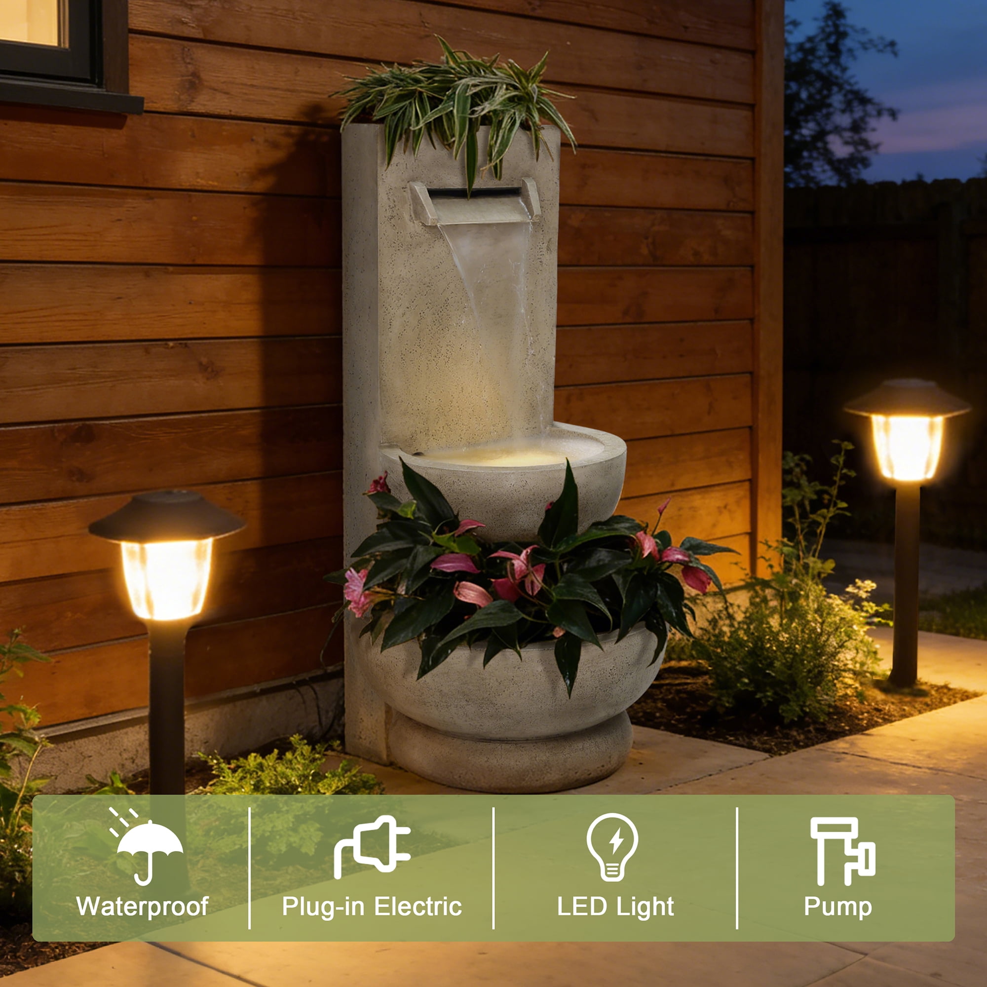 LuxenHome 2.7-Feet Tall Polyresin Fountain with Planter, Lighted Outdoor Water Feature