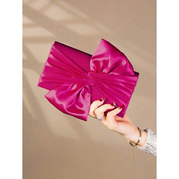 Hot Pink Satin Bow Clutch Evening Handbag For Formal Events