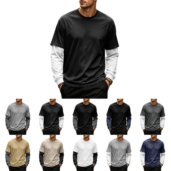 OIOLOYJM Men's Fake Two Piece T-Shirt Long Sleeve Crew Neck Casual Layered Tee Shirts Fashion Basic Athletic Work Pullover Black XL