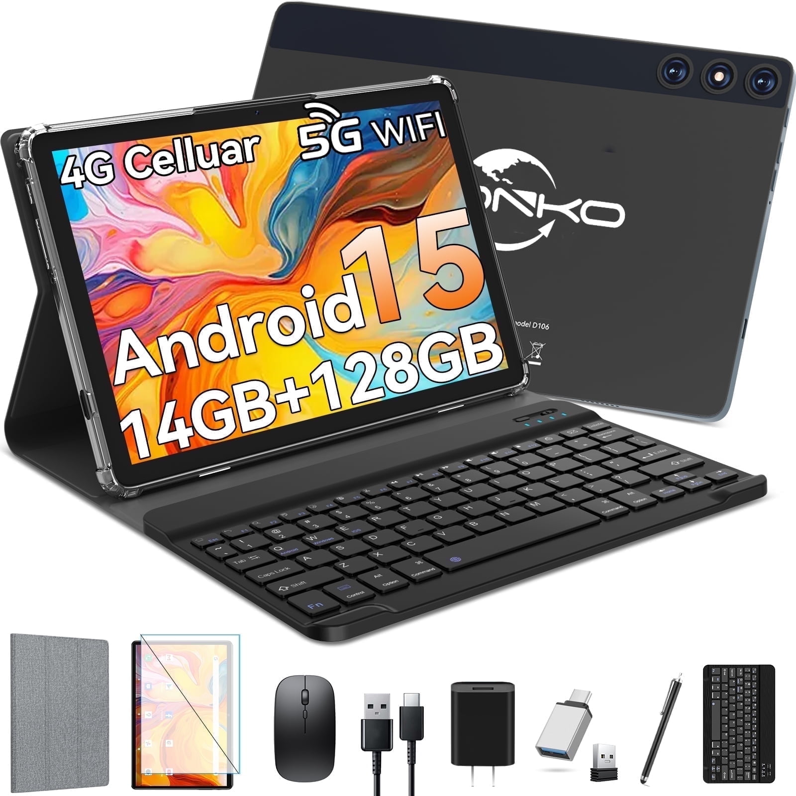 Android 15 Tablet,128GB ROM 14GB RAM,10inch 4G Phone Tablet,5G WiFi+Cellular, Octa-Core, Dual Camera, GPS, BT 5.0,1TB Expand,FHD IPS,Incell Touch Screen,8000mAh, Face Unlock,Tablet with Keyboard