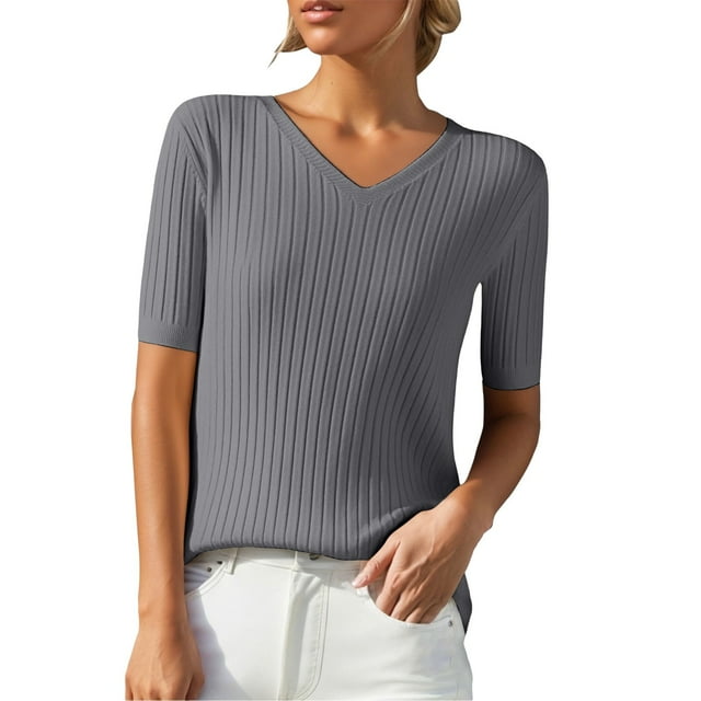 Chandails d'Automne d'Hiver Grande Taille pour Femmes T-Shirt Ample à Col Rond à Manches Courtes avec Bas en Tricot Court Gris m