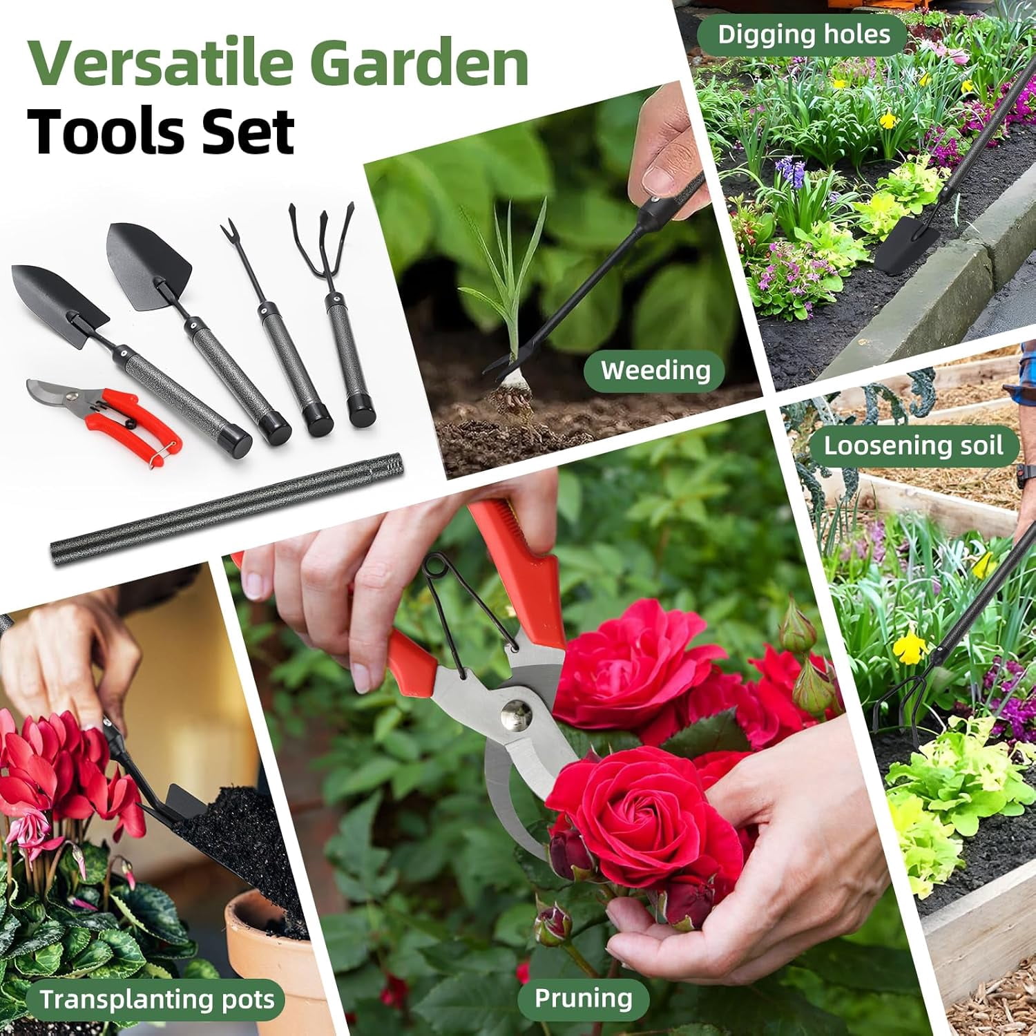 Garden Tool Set, 5Pcs Garden Tools with Extensions, Heavy Duty Rustproof Metal Gardening Tool Shovel Weeder Tiller Pruning Shear Gardening Supplies Garden Gifts for Women Kids