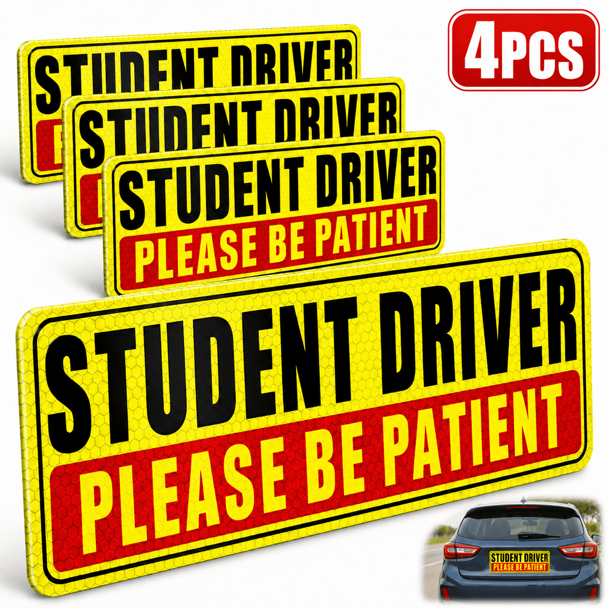 Emlimny 4 Pcs Student Driver Magnet Signs -Removable Reusable Movable New Driver, Teen Learner Car Magnets for Teens & Parents, Be Patient Safety Warning Reflective Decals
