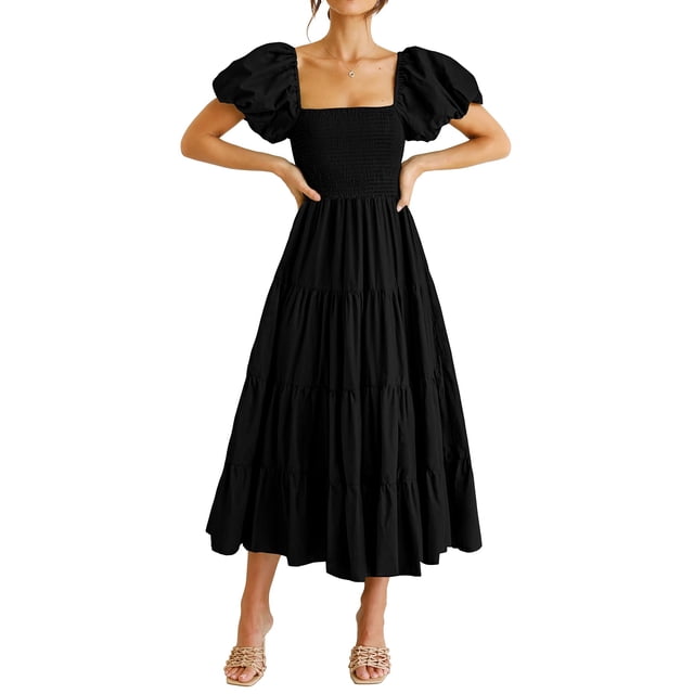 Vestido PRETTYGARDEN negro con mangas abullonadas y escote cuadrado, talla L grande