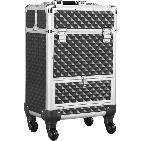 CZMJY Rolling Makeup Train Case Aluminum Cosmetic Case with Wheels Barber Case Salon Lockable Travel Trolley with Sliding Drawers Removable Divider, Black/Silver