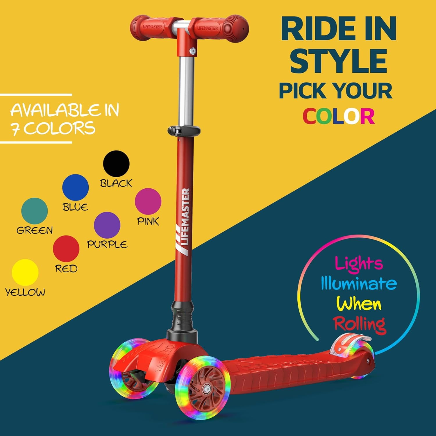 Lifemaster Mini 3-Wheel Kids Scooter with Multi-Color Wheel Lights – 4-Height Adjustable Handlebar, Wide Anti-Slip Deck, Child Safety Certified, Boys & Girls Ages 2+ Supports Up to 110 lbs