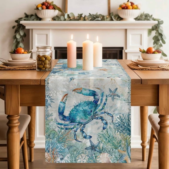 Blue Teal Crab Coastal Table Runner, Summer Beach Ocean Nautical Coral Cotton Linen Kitchen Table Decoration Washable Dining Tabletop Runners for Home Party Decor 13x60 Inches
