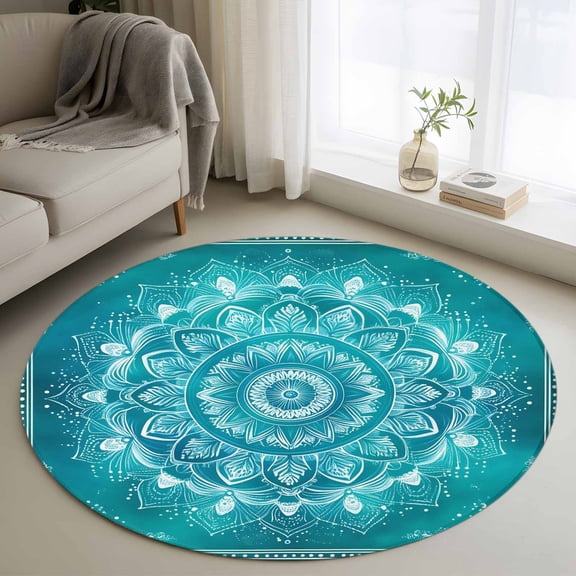 Turquoise Boho Round Area Rug 3.3 FT, Non Slip Small Entryway Kitchen Mat, Abstract Art Floral Ethnic Tribal Washable Soft Circular Rug Non-Shedding Door Mat for Bathroom Playroom Kids Room