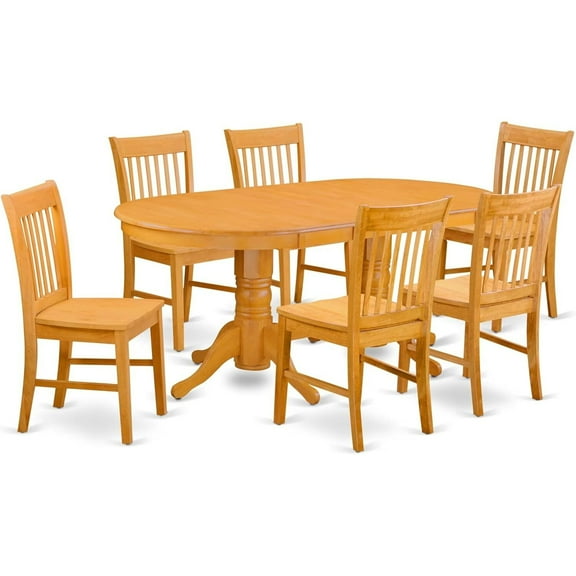 7-Piece Kitchen Table Set - Oval Dining Table with Leaf & 6 Chairs - 40x76 Inch Oak