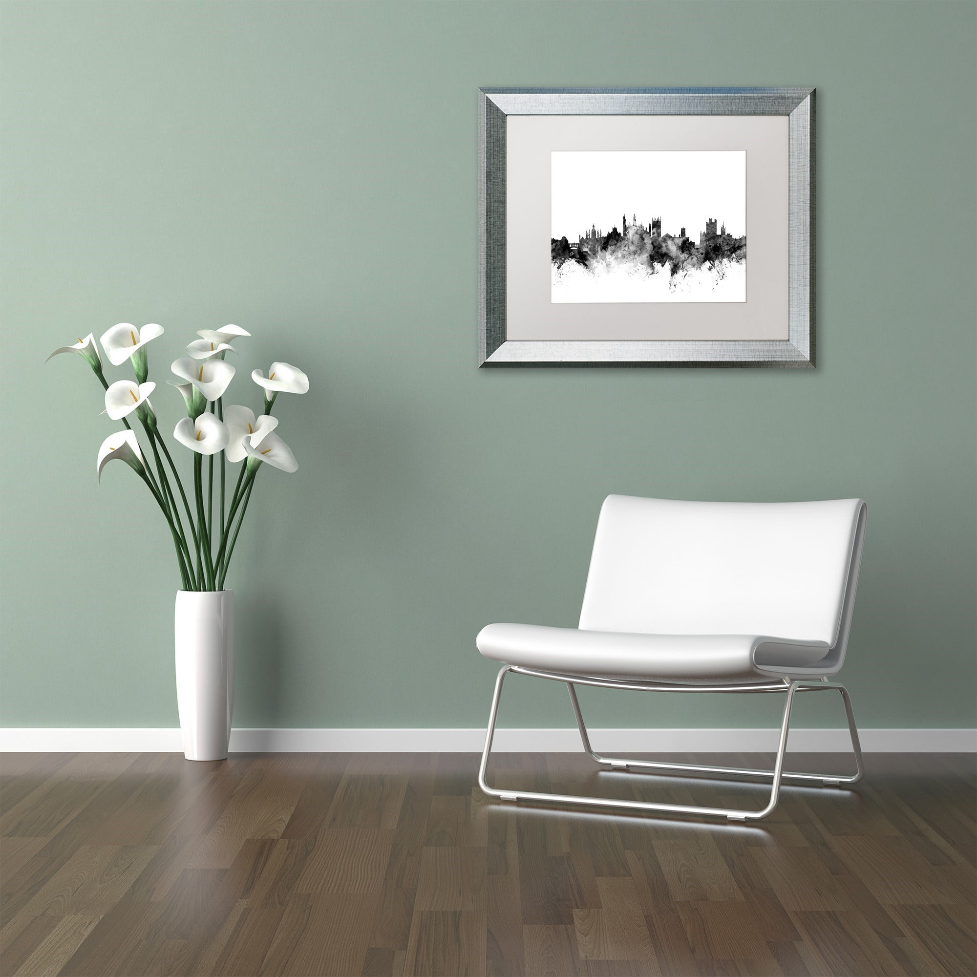Trademark Fine Art 'Cambridge England Skyline B&W' Canvas Art by Michael Tompsett White Matte, Silver Frame