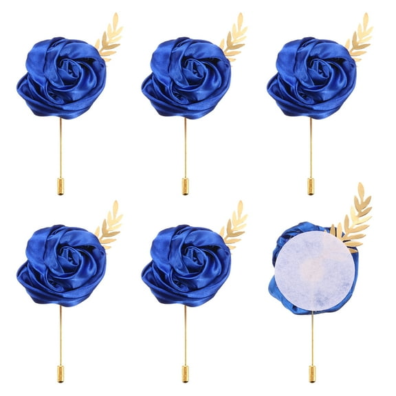 6pcs Dark Blue Rose Boutonnieres Flower Buttonholes Pocket Boutonnieres Pins with Leaf for Wedding (4.7 x 2 Inch)