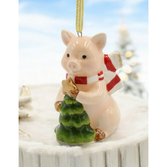 Ceramic Pig With Christmas Tree Tree Ornament, Christmas Decor, Farmhouse Decor, Gift for Her