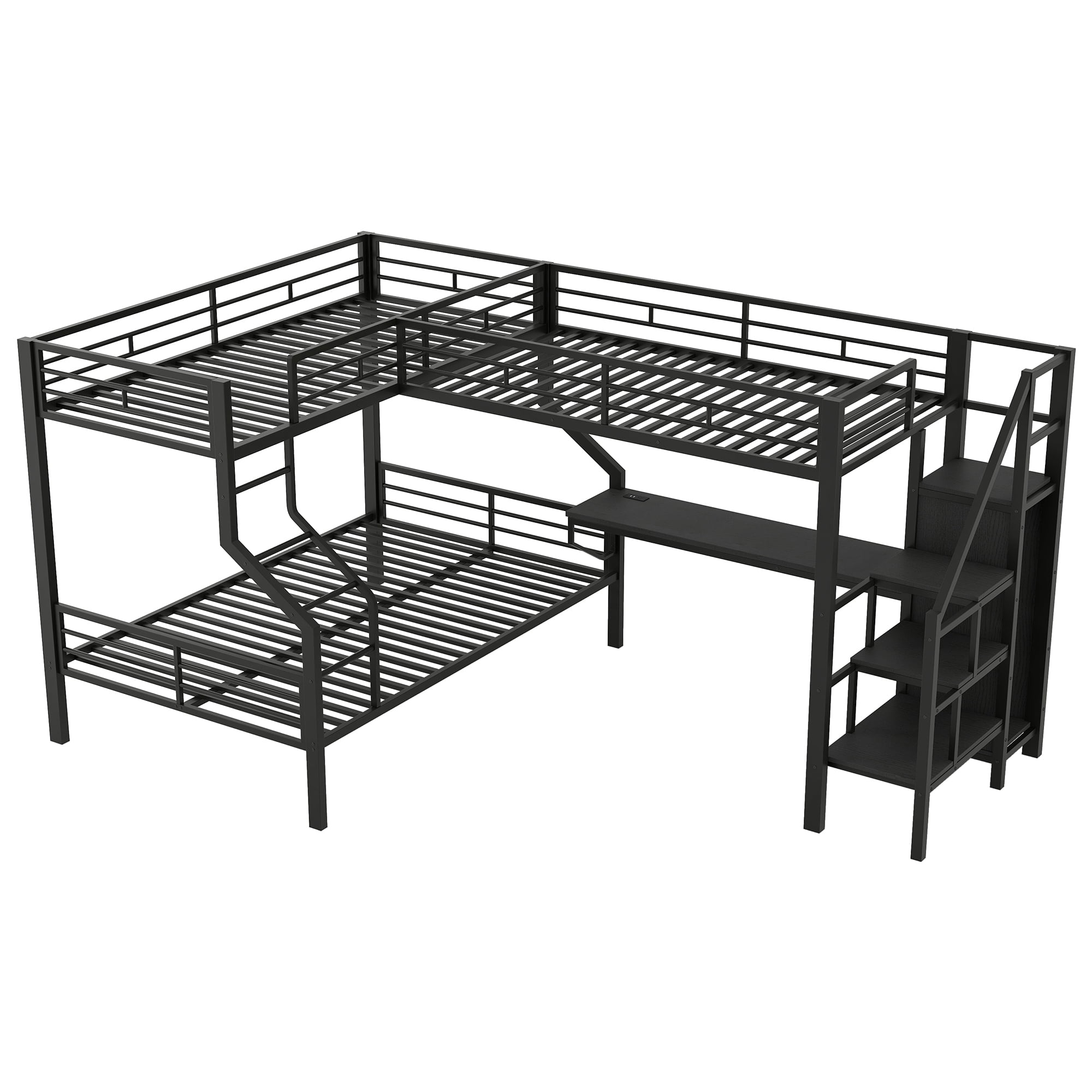 EUROCO Metal L Shaped Twin over Full Bunk Bed and Twin Gaming Loft Bed with Desk, Functional Storage Bed with Wardrobe and USB Ports, Black