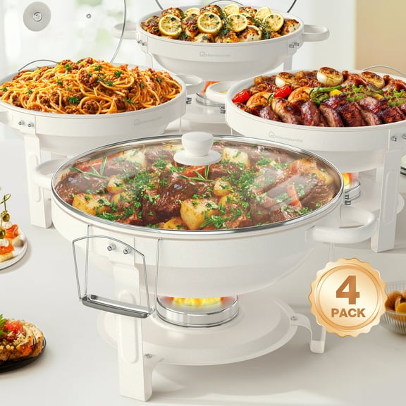 WARMOUNTS White Chafing Dishes for Buffet 4 Pack, 5QT Maifanite Coating Round Chafing Dish Buffet Set, Rolled-Rim Glass Lid & Lid Holder for Parties Serve Wedding Birthday Church Event