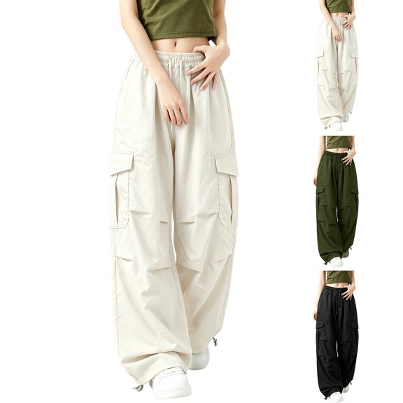 MexChoioe Womens Elastic Waist Drawstring Wide Leg Cargo Pants Adjustable Cuff Multi Pocket Outdoor Cargo Trousers