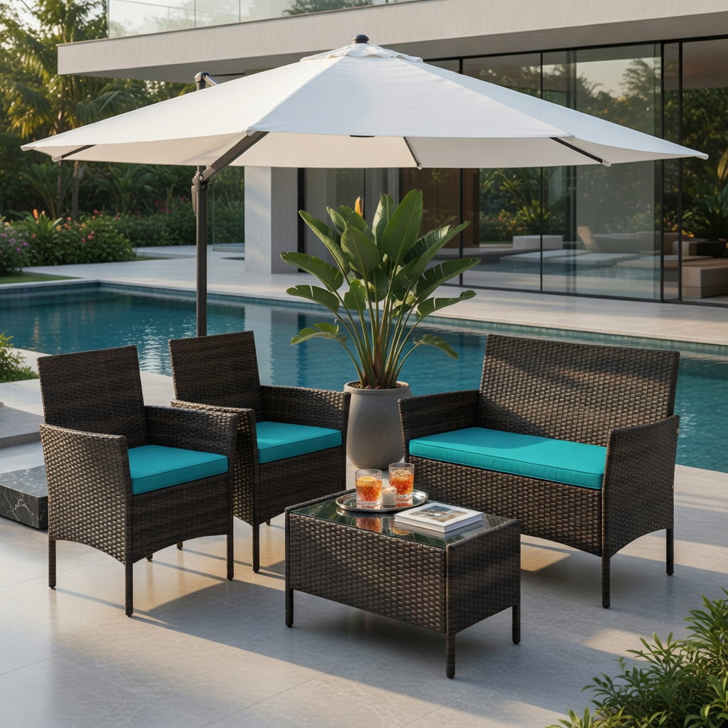 Hommoo 4-Piece Outdoor Rattan Patio Conversation Set with Plush Seat Cushions, PE Wicker Loveseat + 2 Chairs + Tempered Glass Coffee Table, Turquoise
