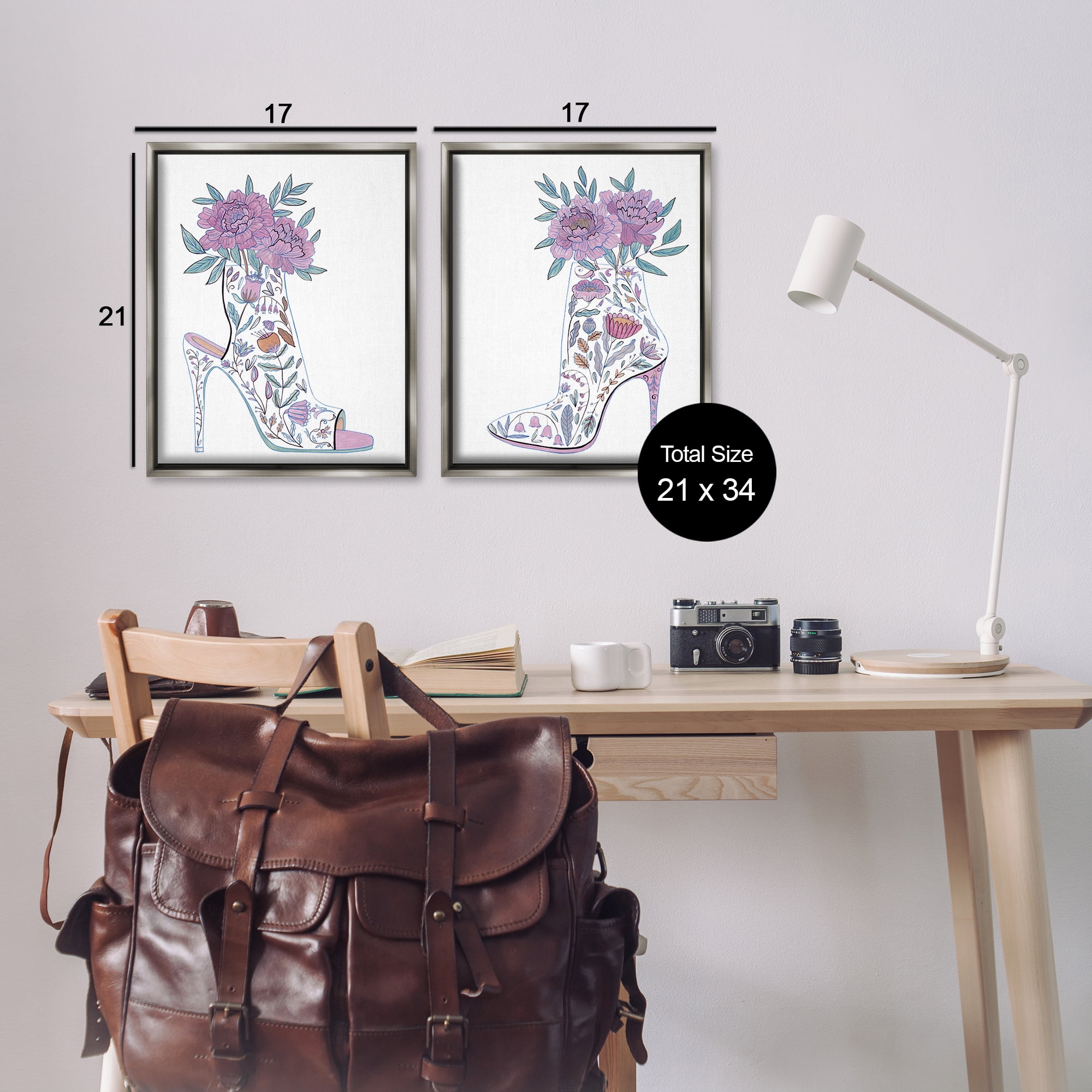 Stupell Industries Floral Stiletto Heel Boots Fashion Painting Gray Floater Framed Canvas Art Print Wall Art, 17 x 21, Set of 2