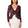 thumbnail image 5 of MODA NOVA Juniors Tie Front Ruffled Hem Floral Lace Sheer Shrug Cropped Cardigan, 5 of 6