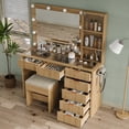 thumbnail image 3 of 47'' W Fluted Vanity Desk, Makeup Vanity With Power Oultlet, 7 Drawers Vanity With 10 LED Lights And Mirror, 3 Lighting Modes Adjustable, Glass Top, Vanity With Chair For Bedroom, Natural, 3 of 9