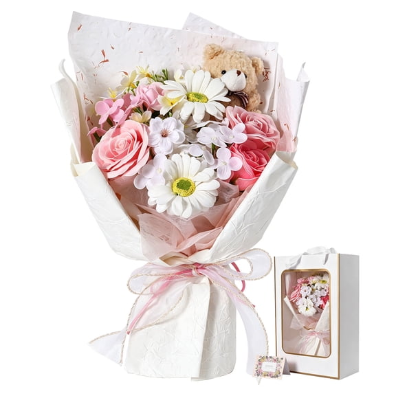 iFaveorr Artificial Soap Rose Flower Bouquet with Mini Teddy Bear, 13.4in Scented Forever Floral Gift Box for Birthday Valentine Mother’s Day