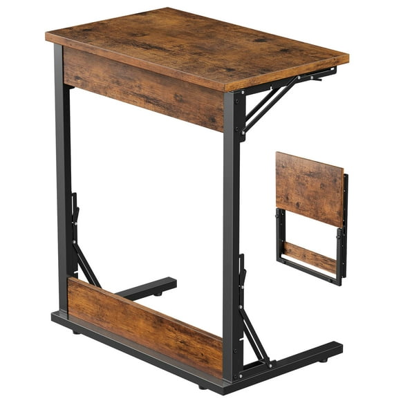 Tatub Folding C-Shaped TV Tray Table, 24" Wide Small Sofa-Side Laptop Desk with Metal Frame for Living Room, Bedroom, Rustic Brown