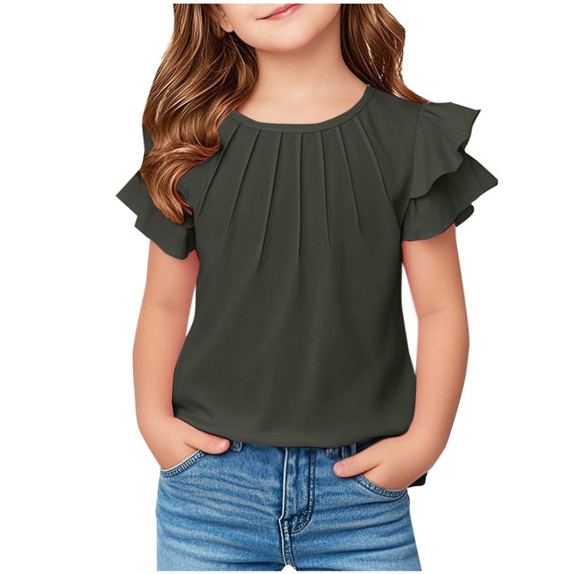 DecSea Girls T Shirts Ruffle Short Sleeve Tee Tops Summer Solid Casual Pleated Loose Blouse