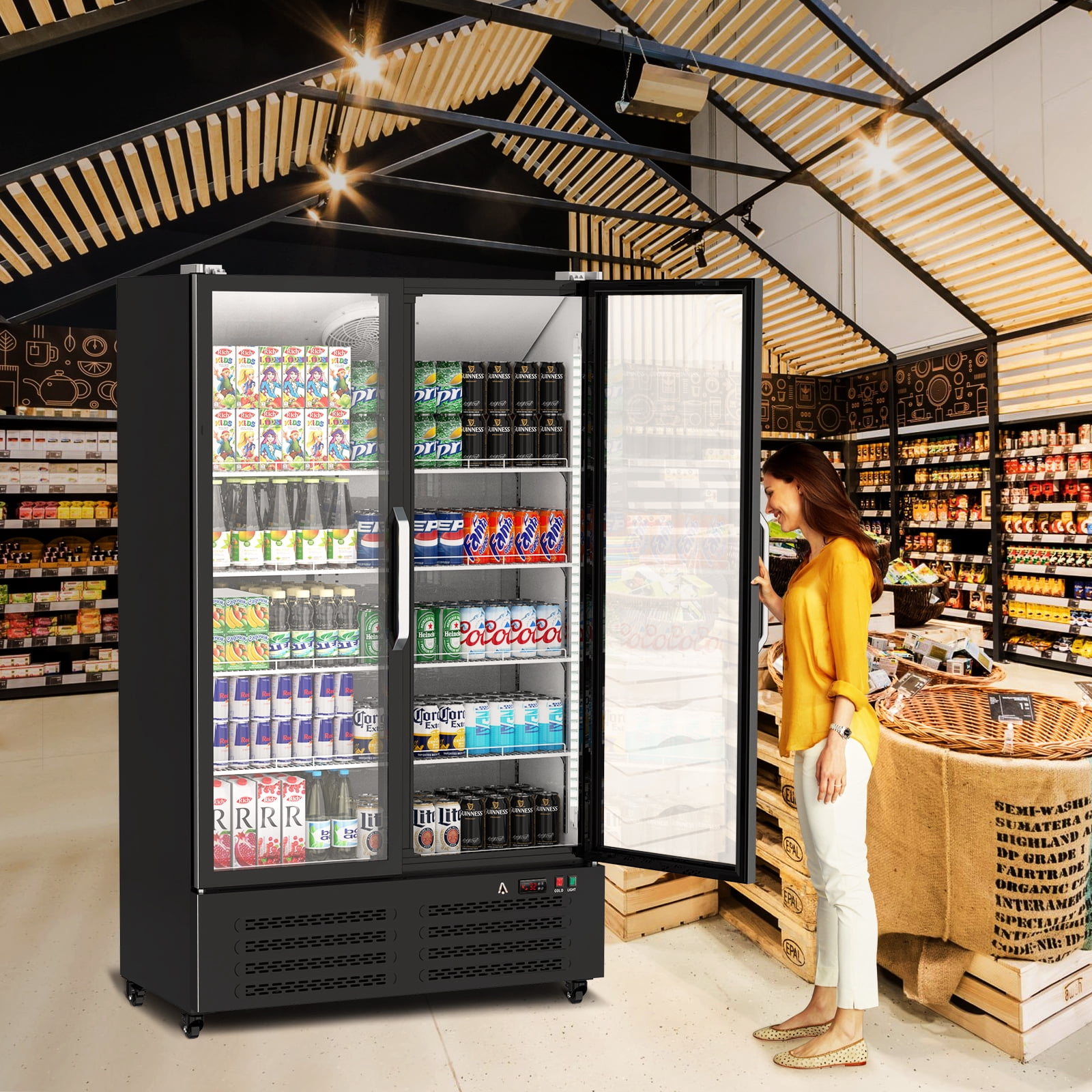 Commercial Refrigerator, 2 Door Display Fridge Merchandiser Upright Beverage Cooler, Double Glass Door Fridge with Adjustable Shelves & Drink Organizers, 25.5 Cu. Ft. Black