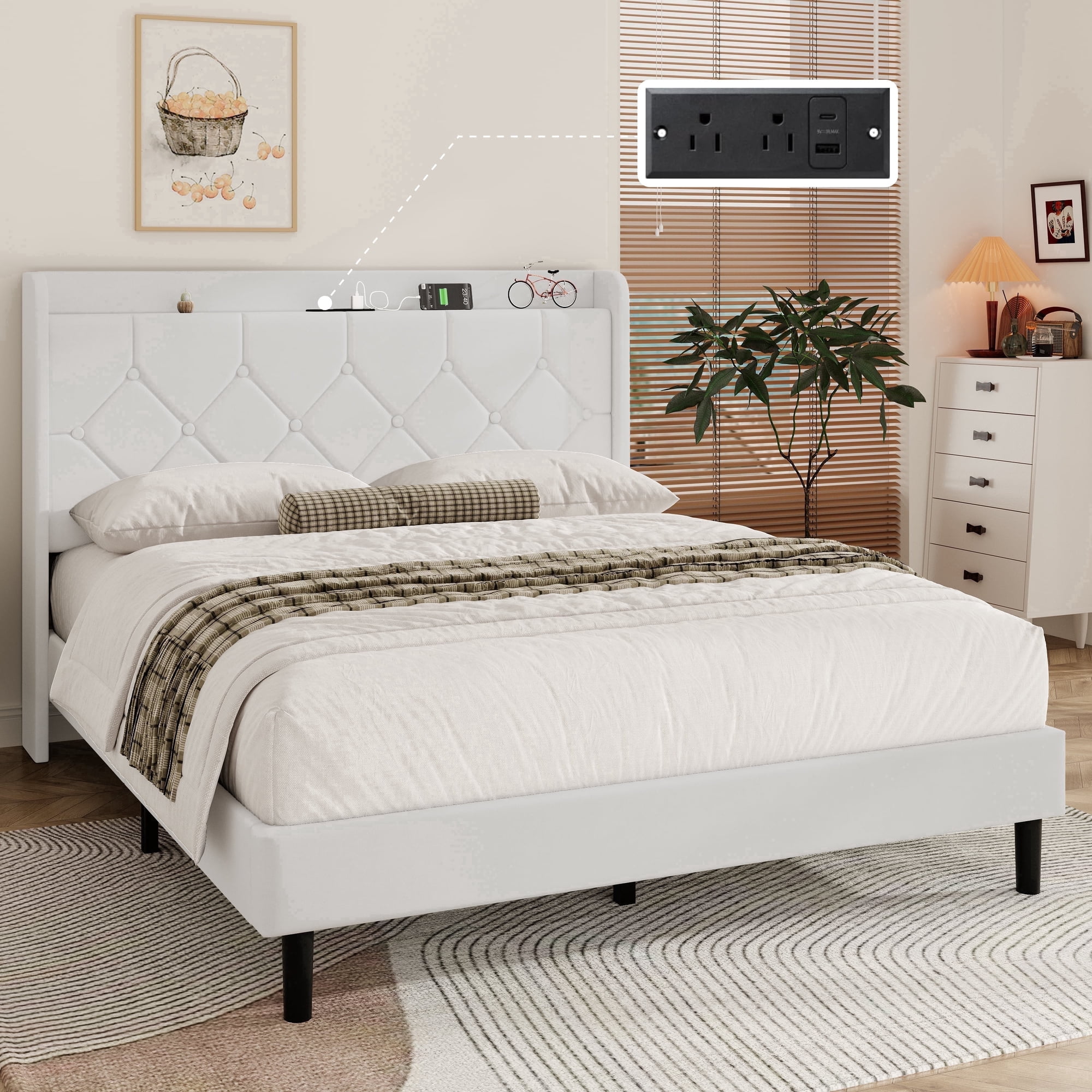 Frostbloom Queen Size Velvet Bed Frame with USB & Type-C Charging, Diamond-Tufted Wingback Headboard with Storage, White
