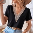 thumbnail image 6 of Women's Lace Crochet Trim V Neck Short Sleeve Shirt Colorblock Blouse Top Summer Casual Comfy Tunics Loose Fit Tshirts, 6 of 7