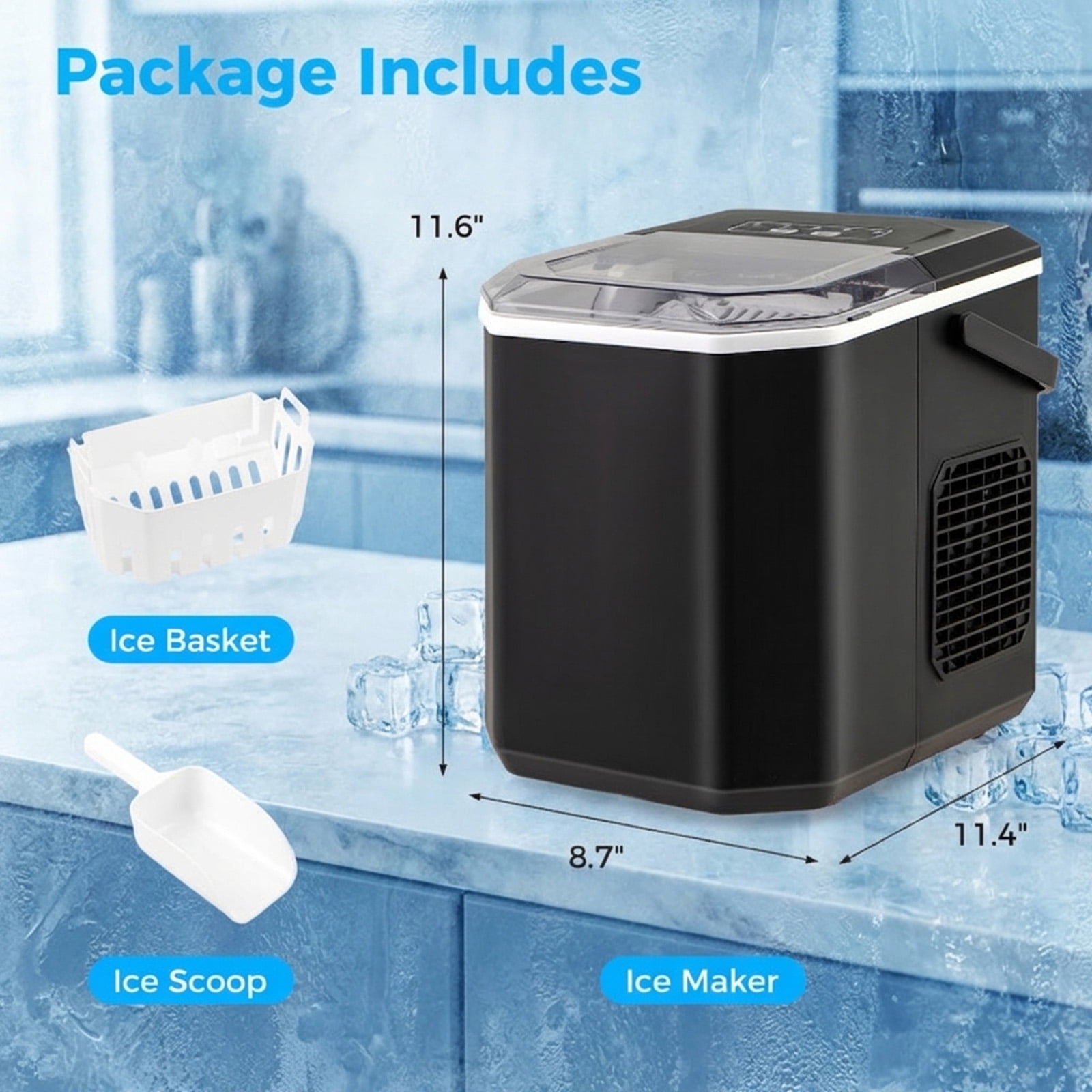 RUIE Countertop Ice Maker,Portable Ice Machine with 26.5 Lbs/Day Production and Self-Cleaning,2 Ice Sizes,One-Button Start,Bullet Ice Maker for Home Kitchen Office Party
