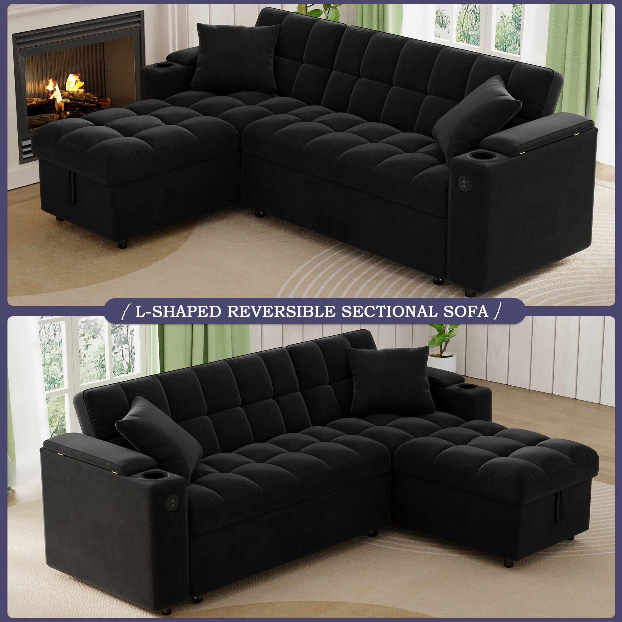 Muumblus Queen Size Convertible Sectional Sleeper Sofa with Storage & USB, Adjustable Backrest, Reversible L-Shaped Pull Out Couch Bed for Living Room, Guest Room, Black Velvet